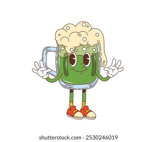 Cartoon retro groovy beer ale character, saint patrick day holiday personage. Isolated vector glass cup filled with traditional, green, foamy Irish drink, cheerful funky face, ready for celebration