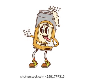 Cartoon retro groovy beer can funny character. Bar alcohol drink cheerful groovy vector personage. Brewery or pub beer opened aluminum can with froth happy mascot, Bavarian Oktoberfest character