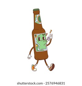 Cartoon retro groovy beer drink character. Brewery alcohol drink or beverage groovy cheerful character. Bar ale bottle cartoon isolated vector happy personage or pub beer vintage funky funny mascot