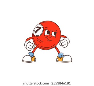 Cartoon retro groovy billiard ball character labeled with the number 7, showing determined facial expression or slightly mischievous mood, with clenched fists, suggesting it is ready for game action