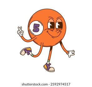 Cartoon retro groovy billiard ball sport character labeled with the number five, showing determined facial expression or slightly mischievous mood with crossed fingers, suggesting it is ready for game