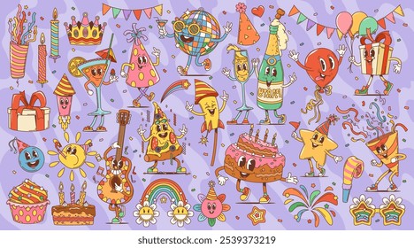 Cartoon retro groovy birthday and anniversary holiday party hippie characters. Funny birthday cake, gift, hat and balloons, candles, champagne vector personages. Groovy flowers, guitar and confetti