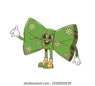 Cartoon retro groovy bow tie character, saint patrick day holiday personage. Isolated vector happy green necktie with friendly smile, expressive eyes and fashionable boots, exuding festive charm