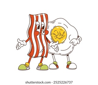 Cartoon retro groovy breakfast bacon and egg characters. Cute and funny vector friends food personages cuddle, hug and rejoice together. Isolated kawaii funky ingredients exudes warm friendship vibes