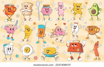 Cartoon retro groovy breakfast characters of drinks and food with funny smile faces. Vintage cute coffee cup, toast, croissant and sandwich vector personages. Funky tea mug, eggs, bacon and sausage