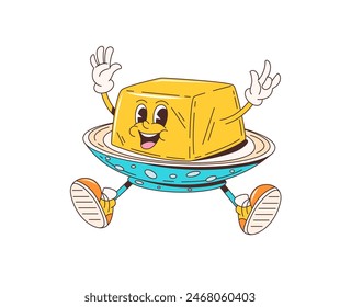 Cartoon retro groovy butter character. Isolated vector delightful vibrant pat of butter breakfast personage on a plate jump in air with a joyful face expression, waving hands and sneaker-clad feet