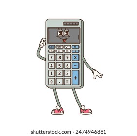 Caricatura retro groovy calculadora carácter. El Vector aislado, peculiar y divertido, el material escolar o de oficina con ojos expresivos, los gestos alegremente hacen que las matemáticas y los cálculos sean más accesibles y entretenidos