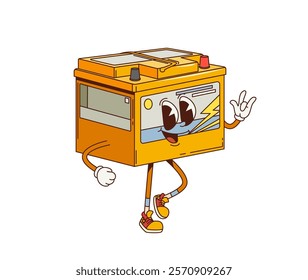 Cartoon retro groovy car battery character. Vehicle mechanic garage retro groovy character, car repair service 60s 70s funky isolated vector mascot or automobile ignition system battery cute personage