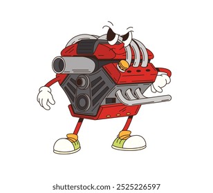 Personaje de motor de coche groovy retro de dibujos animados. Motor de Vector aislado, personaje automotriz divertido y nostálgico presenta piezas y componentes coloridos, mostrando una pose segura y fresca con ojos expresivos