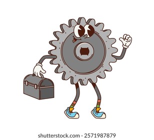 Cartoon retro groovy car gear character. Auto mechanic garage spare part retro groovy personage. Vehicle maintenance cog wheel funky isolated vector character or car repair service cartoon mascot