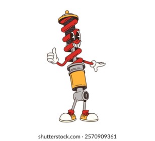 Cartoon retro groovy car shock absorber character. Vehicle mechanic garage groovy happy mascot. Car repair service transmission spare part isolated vector character or automobile workshop personage