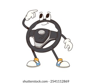 Personaje de volante de coche groovy retro de dibujos animados. Auto escuela de conducción feliz personaje de Vector aislado o servicio de reparación de repuesto groovy Vector lindo personaje. Vehículo volante mascota de dibujos animados