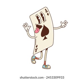 Cartoon retro groovy casino poker card character. Isolated vector Ace of spades personage with a mischievous grin, ready to bring fun to gamble game night. Funny gaming card with big eyes and tongue