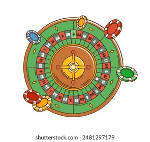 Cartoon retro groovy casino roulette wheel with chips. Vector gamble sport game or betting roulette with red and black ball pockets. Vintage groovy gambling fortune wheel with casino desk game chips