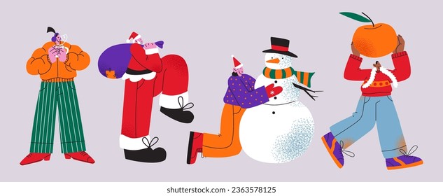 Cartoon retro groovy characters christmas new year in 90s style. Christmas tree, gifts, comic elements.Positive people women and men vector	