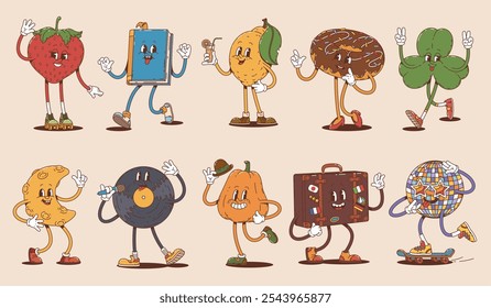 Personajes de dibujos animados retro groovy con caras felices. Personajes divertidos de bola de disco hippie de Vector, fresa, fruta de limón y luna, maleta vintage, disco de vinilo, donut, libro, trébol y calabaza