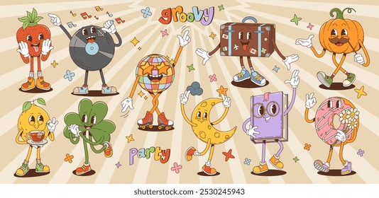 Cartoon personagens retro groovy, hippie 60s 70s e funky arte cômica, personagens vetoriais. Engraçado rosquinha groovy e dança bola de disco com disco de vinil na festa hippie com limão bonito e trevo de trevo