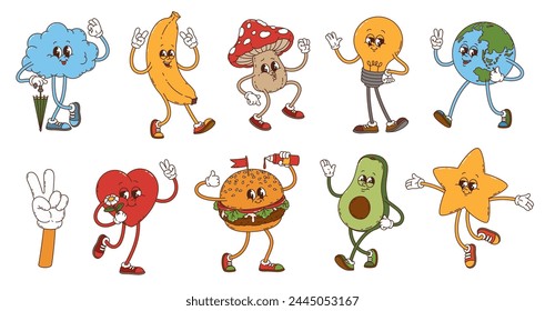 Cartoon retro groovy characters set. Vector cloud, banana, amanita mushroom and light bulb. Earth planet, hand with peace gesture, heart and burger with avocado and star. Psychedelic funky personages