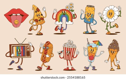 Cartoon retro groovy characters, soda can and pizza, ice cream and hot dog personages, tv and rainbow, popcorn and daisy flower, cocktail and woman lips. Vector funky, psychedelic, nostalgic y2k set