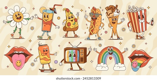 Cartoon retro groovy characters vector set. Daisy flower, cocktail glass, pizza slice or hot dog. Ice cream, pop corn, mouth with tongue with drug sticker and soda can on skateboard. Old tv or rainbow