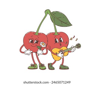 Caricatura retro groovy cherry gemelos carácter. Vector alegres bayas conectadas por un tallo frondoso, una serenata con una guitarra, la otra tímidamente agarrando una flor, con notas musicales flotando en el aire