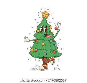 Caricatura retro groovy Navidades árbol de pino divertido personaje. Aislado Vector funky picea con ojos saltones, guirnalda ligera y estrella topper extendiendo alegría con un baile disco jazzy y brillantes decoraciones