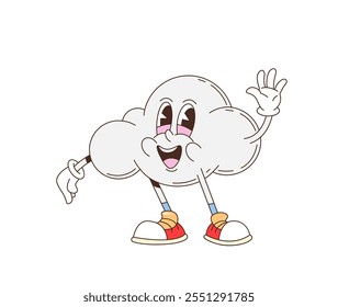 Personaje de nube groovy retro de dibujos animados con cara divertida para emoji, cómic hippie de Vector de los años 70. Personaje de nube de dibujos animados retro groovy con feliz gesto de Hola Hola en botas hipster para el emoticono de Clima