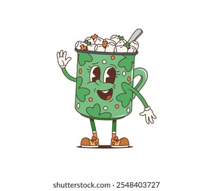 Personaje de café groovy retro de dibujos animados con malvavisco, bebida de vacaciones del día de San Patricio o personaje de bebida. Taza amistosa verde aislada del Vector con el cacao o el chocolate para la celebración irlandesa del día de fiesta