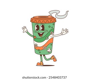 Caricatura retro groovy personaje de café, día de San Patricio personaje de vacaciones. Taza disponible verde aislada del Vector con la bandera irlandesa y el modelo con los tréboles y las flores, cara alegre y vibraciones funky