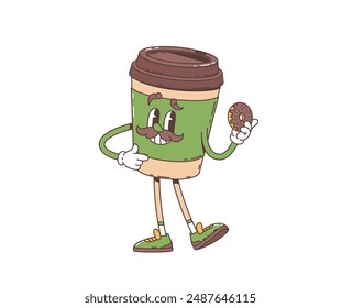 Cartoon retro groovy coffee cup character with a mustache and joyful face expression, holding a chocolate donut. Isolated vector comic personage in funky shoes, inviting for a coffee break with pastry