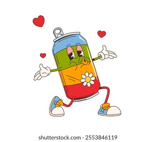 Cartoon retro groovy cola drink character in love. Vector soda tin can personage wearing trendy sneakers kneeling with kissing face and surrounded with hearts. Beverage exudes nostalgic hippie vibes