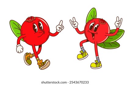 Personajes de frutas de arándano groovy retro de dibujos animados con caras divertidas, emoji cómico de Vector. Groovy bayas de arándano con sonrisa feliz funky y ILY I Love You firma gesto para personajes de frutas de dibujos animados retro