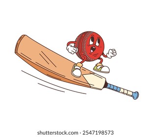 Caricatura retro groovy personaje de pelota de cricket y murciélago, Vector deporte cómic emoji. Bola divertida Groovy del grillo con la cara feliz que monta un bate para el gol, el juego del deporte y el club funky carácter en historieta retro