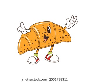 Cartoon retro groovy croissant personagem com rosto engraçado, emoji de pastelaria vetor. Groovy croissant com sorriso feliz e piscando funky para sobremesa de café da manhã ou pastelaria doces personagem de desenho animado