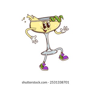 Cartoon retro groovy daiquiri cocktail character in a classic glass, adorned with lime twist and fun, dynamic pose with playful expression. Isolated vector hippie daiquiri cocktail bar menu personage