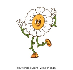 Cartoon retro groovy daisy flower character. Groovy funny chamomile personage sticker, retro cute flower isolated vector mascot or cheerful character. Daisy happy personage shoving victory hand sign