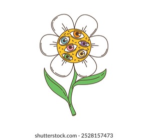 Cartoon retro groovy daisy flower hippie character. Isolated vector psychedelic, trippy chamomile blossom personage with multiple eyes, green leaves and white petals exudes laid-back summer vibes