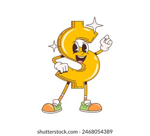 Caricatura retro groovy dólar signo carácter. Símbolo de Vector aislado funky moneda de oro personaje financiero. Ahorro, inversión, presupuesto, signo de dólar con vibraciones psicodélicas de los años 60 brillando y sonriendo