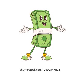 Caricatura retro groovy dolares pila personaje con cara feliz, Vector 70s cómico. Bonito paquete de billetes de dólar divertido con sonrisa divertida, funky personaje de dibujos animados de la moneda para el dinero del bote del casino pegatina