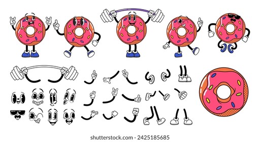 Cartoon Retro Groovy Donut Character Construction Kit. Retro Fast Food Personage Constructor. Legs, Hands, Face