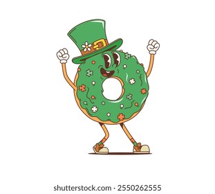 Personaje de donut groovy retro de dibujos animados, personaje de vacaciones del día de San Patricio. Pastel de donuts de Vector aislado con sombrero de copa de duende, esmalte verde, chispas de trébol de colores, ambiente nostálgico vintage de los años 70