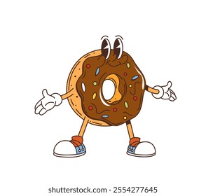 Cartoon retro groovy donut fast food character with happy face, vector funny smile or dessert emoji. Groovy donut pastry with chocolate and caramel sprinkles for fast food cartoon sweet character