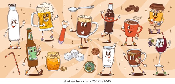 Cartoon retro groovy drink and beverage characters. Cute hippie psychedelic coffee, milk and tea cups vector personages. Funny groovy bottles and glasses of beer, milk, wine and soda drink characters