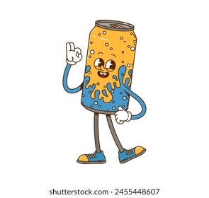 Cartoon retro groovy drink can character. Hippie cheerful soda can personage sticker, retro refreshing drink groovy isolated vector funny character. Cute beverage happy mascot