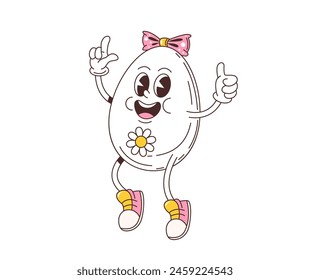 Cartoon retro groovy egg character. Isolated vector cheerful boiled egg girl with a bow on head. Breakfast food personage reveals a happy face, wishing good morning and spreading joy with enthusiasm.