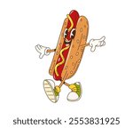 Cartoon retro groovy fast food hot dog character. Isolated vector tasty hotdog fastfood personage wearing cool vintage sneakers with a funky, hippie vibe, featuring charming smile and mustard drizzle