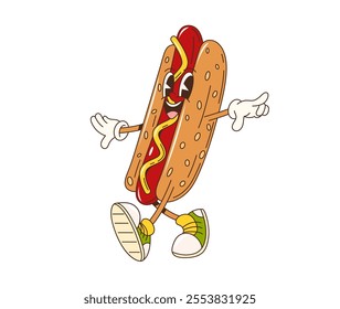 Cartoon retro groovy fast food hot dog character. Isolated vector tasty hotdog fastfood personage wearing cool vintage sneakers with a funky, hippie vibe, featuring charming smile and mustard drizzle