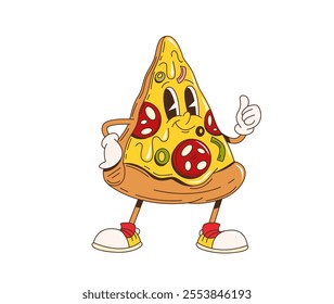 Cartoon retro groovy fast food pizza slice character. Isolated vector food personage with pepperoni topping, sneakers and funky cheesy smile, showing thumbs up gesture, brings flavor and fun to party