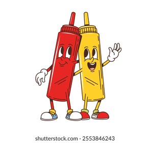 Cartoon retro groovy fast food mustard and ketchup bottle characters. Takeaway menu mustard and ketchup happy retro groovy isolated vector character, street cafe hot and tomato sauce vintage personage