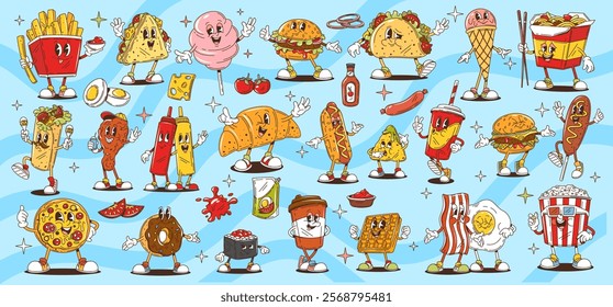 Cartoon retro groovy fast food characters, funny sandwiches and snacks, vector comic art. Groovy fast food characters of funky hot dog with freaky popcorn and pizza or quirky donut in retro cartoon